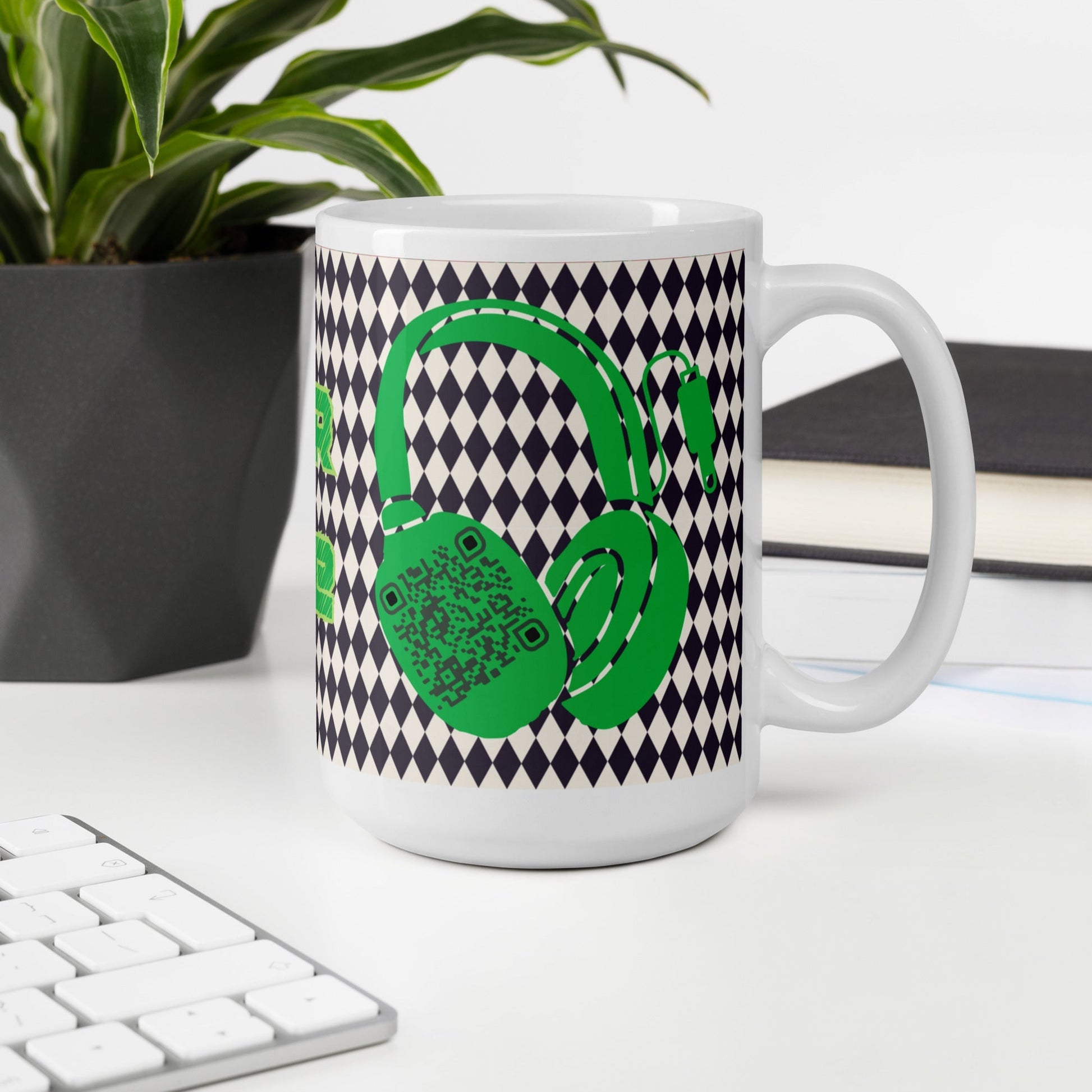 Custom QR Code Mug with Harlequin Print β Share Your Music