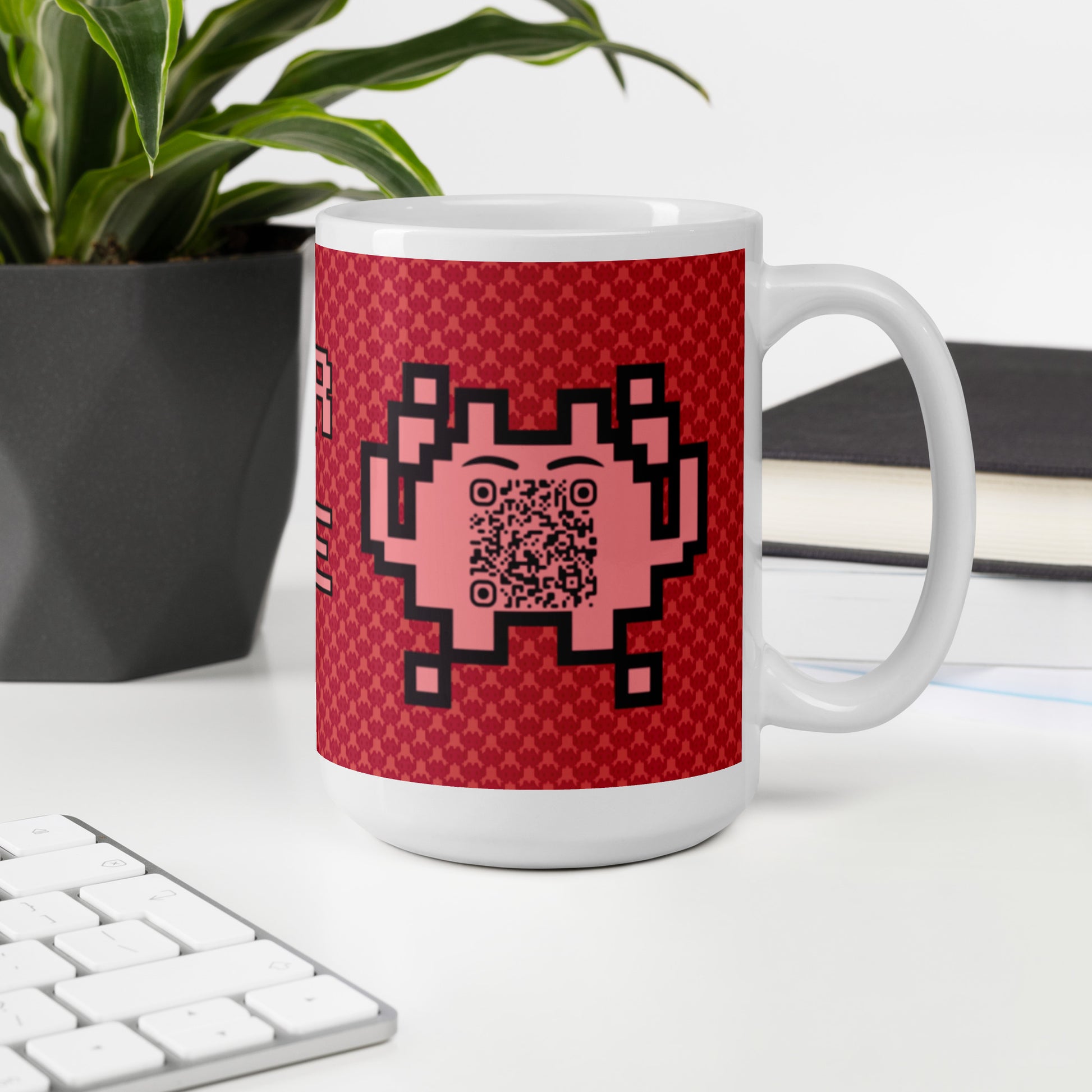 Red Alien Emoji QR Code Mug โ Share Your Gaming World