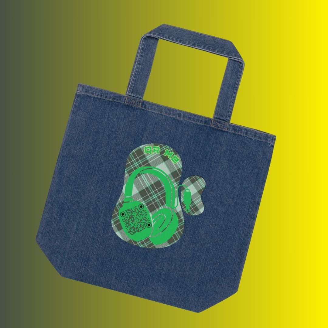 Plaid denim tote for music sharing