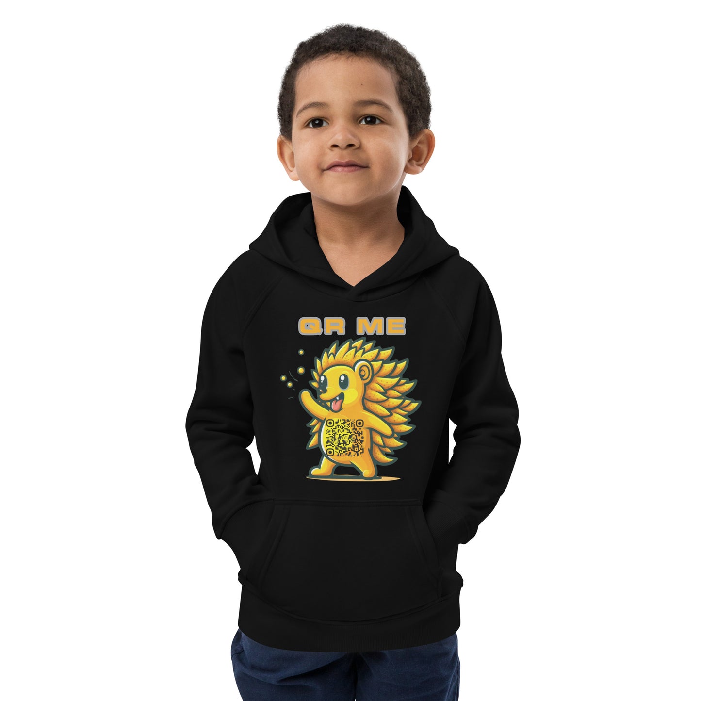 Fun Hedgehog Emoji QR Code Kids eco hoodie-QR GEAR STORE