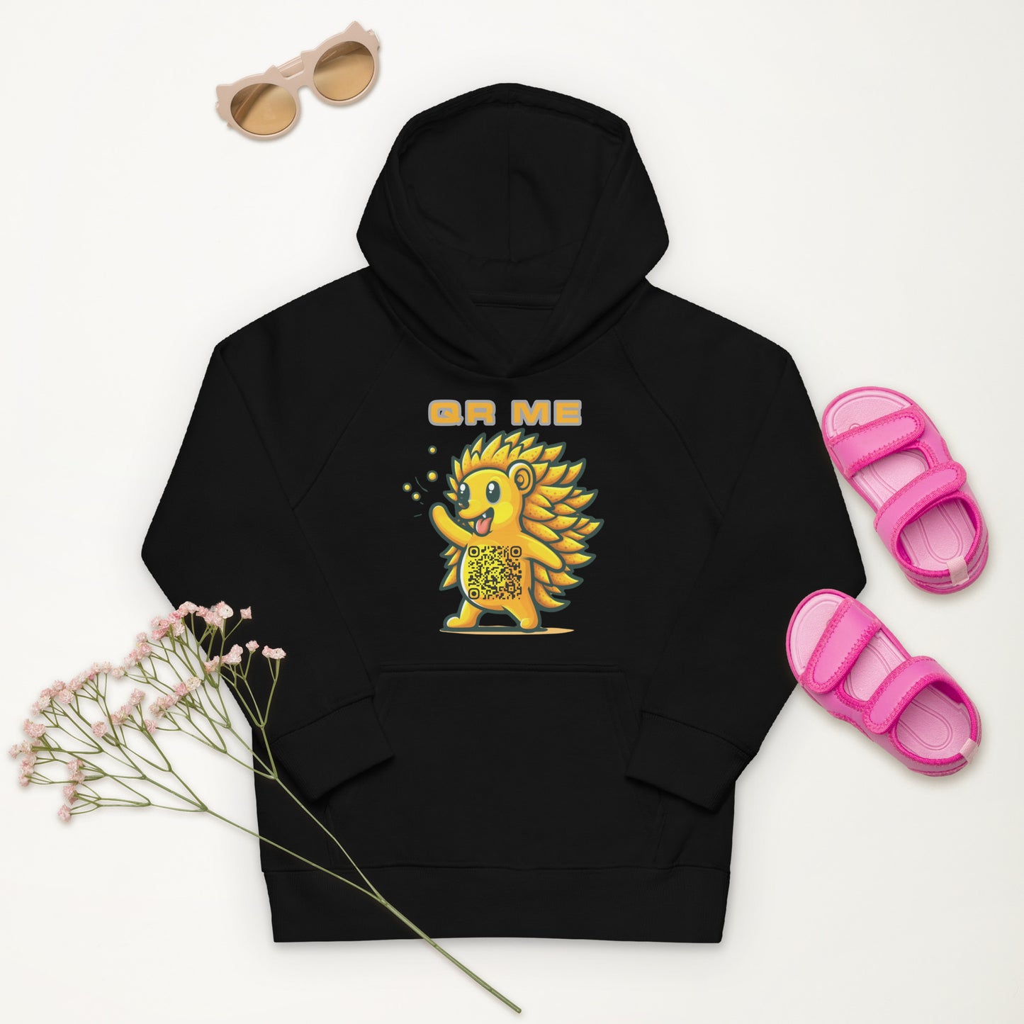 Fun Hedgehog Emoji QR Code Kids eco hoodie-QR GEAR STORE