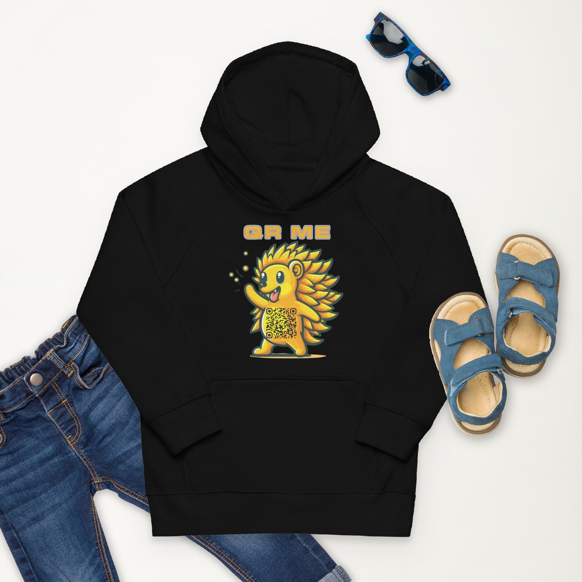 Fun Hedgehog Emoji QR Code Kids eco hoodie-QR GEAR STORE