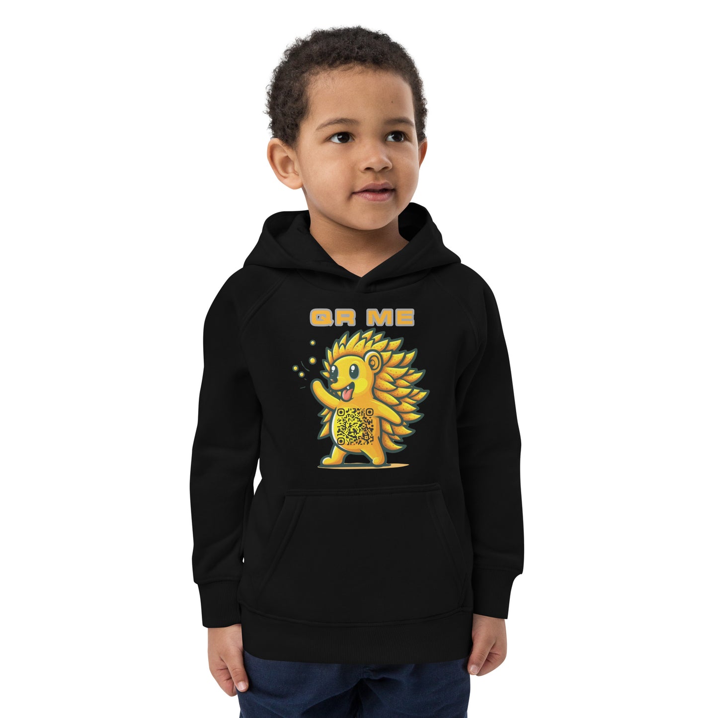 Fun Hedgehog Emoji QR Code Kids eco hoodie-Black-QR GEAR STORE