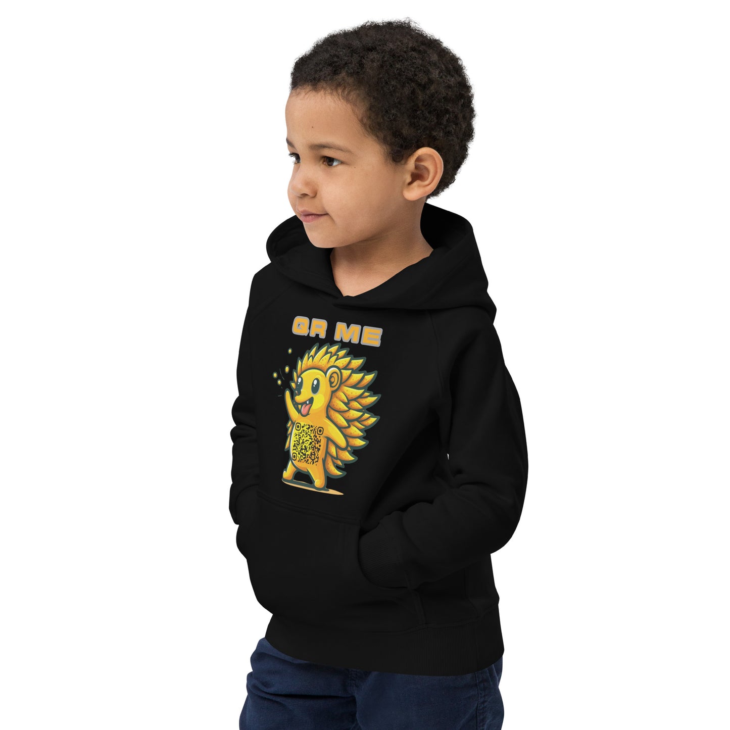 Fun Hedgehog Emoji QR Code Kids eco hoodie-QR GEAR STORE