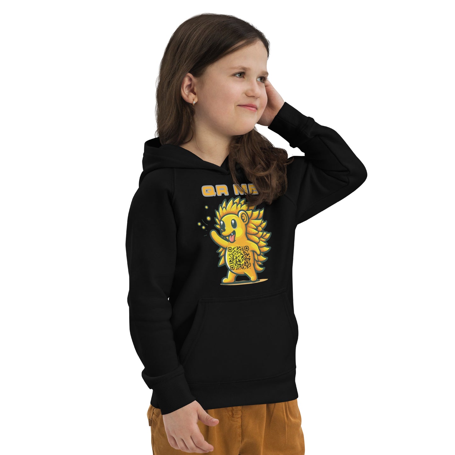 Fun Hedgehog Emoji QR Code Kids eco hoodie-QR GEAR STORE