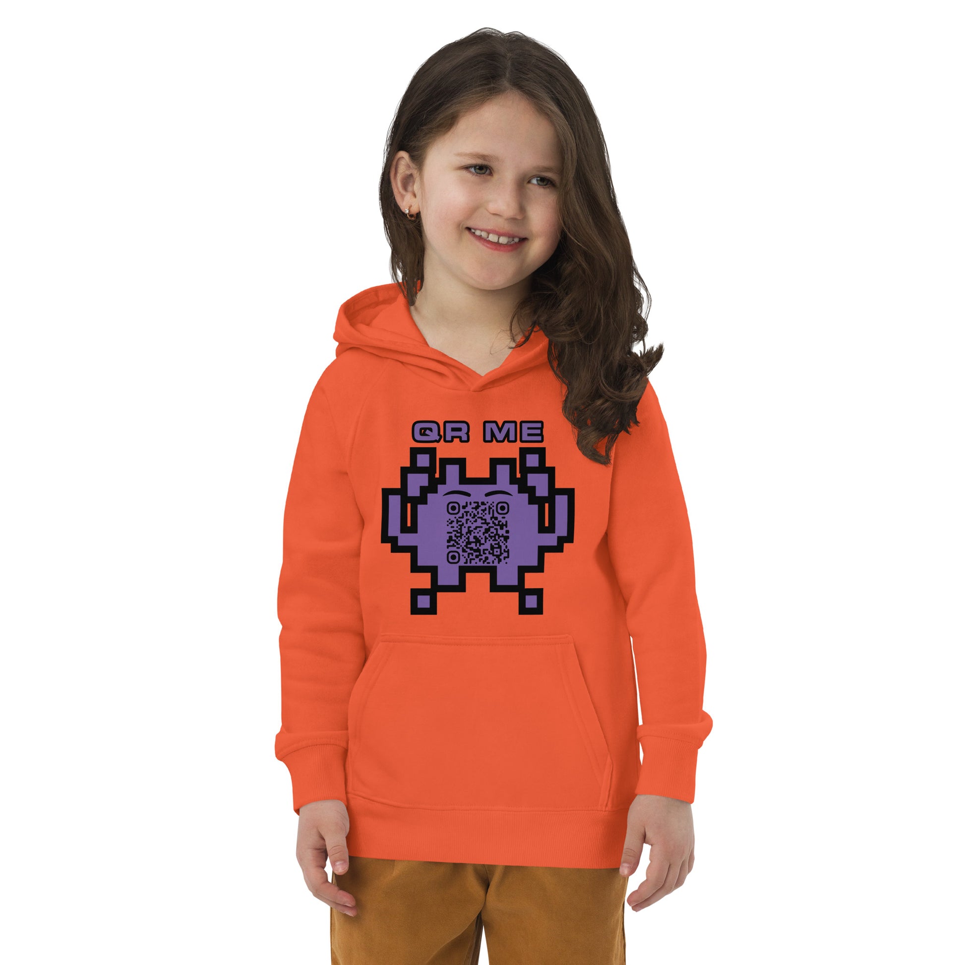 Fun Alien Emoji QR Code Kids eco hoodie-Burnt Orange-QR GEAR STORE