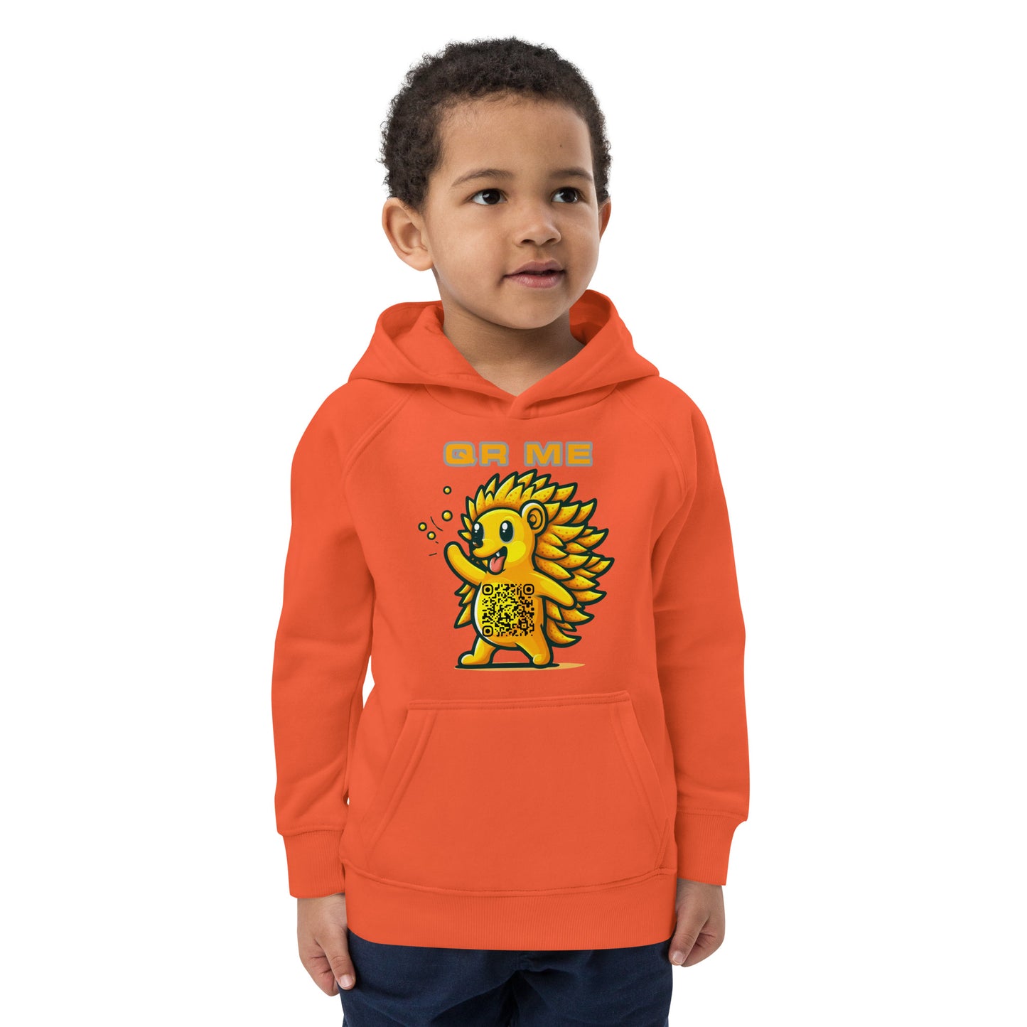 Fun Hedgehog Emoji QR Code Kids eco hoodie-Burnt Orange-QR GEAR STORE