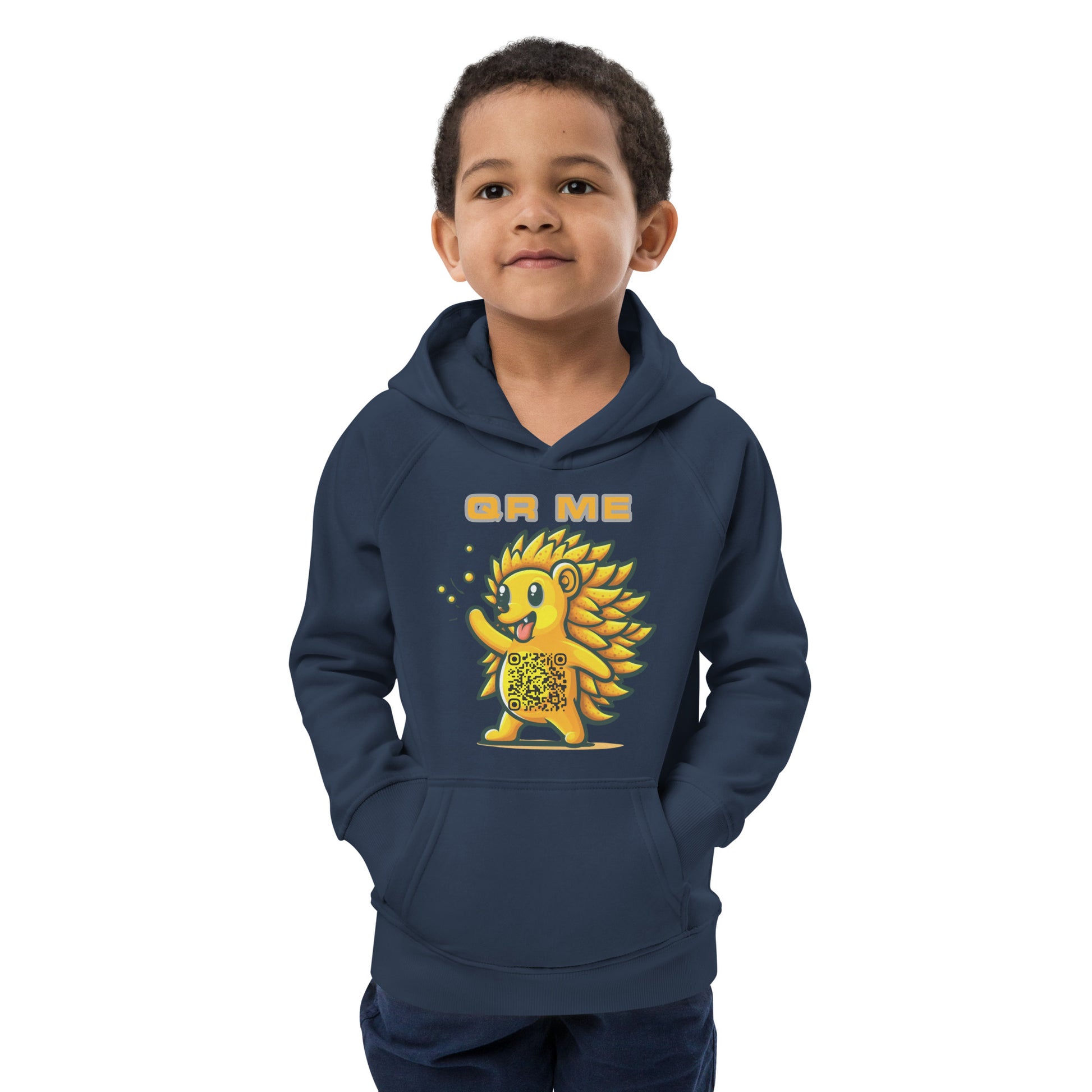 Fun Hedgehog Emoji QR Code Kids eco hoodie-French Navy-QR GEAR STORE