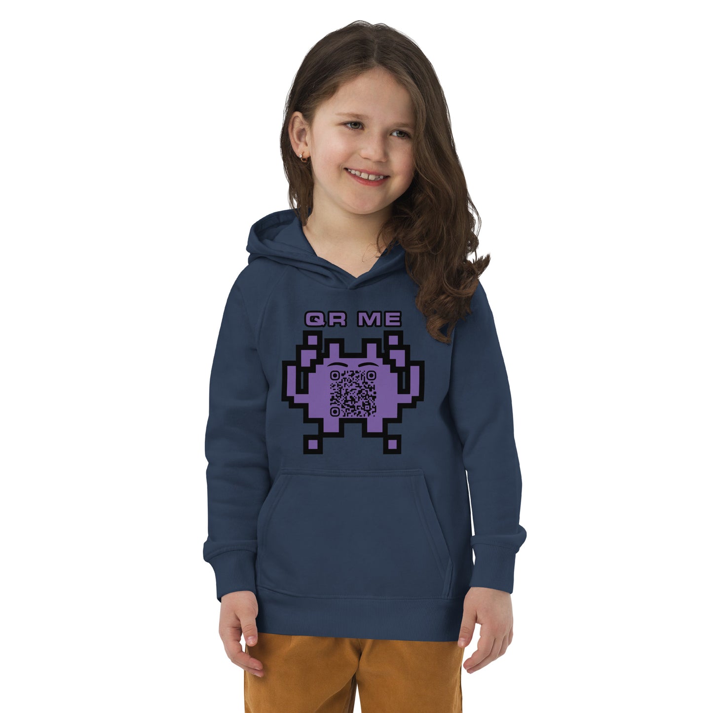 Fun Alien Emoji QR Code Kids eco hoodie-French Navy-QR GEAR STORE