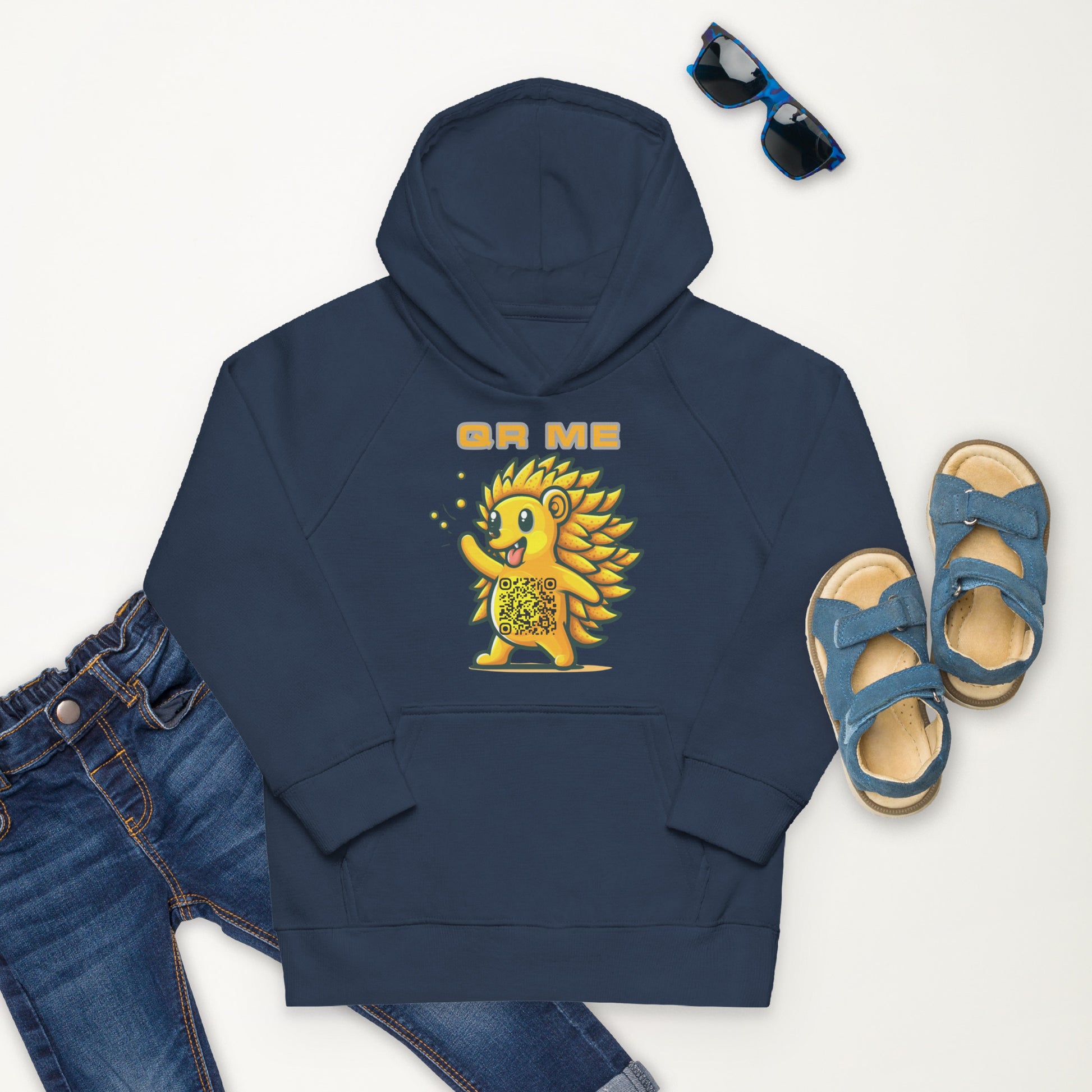 Fun Hedgehog Emoji QR Code Kids eco hoodie-QR GEAR STORE