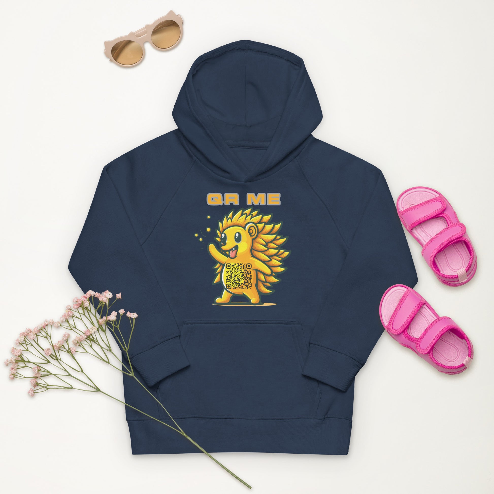 Fun Hedgehog Emoji QR Code Kids eco hoodie-QR GEAR STORE