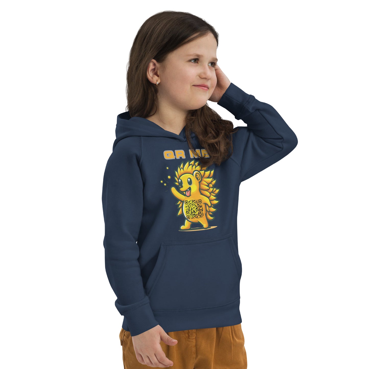 Fun Hedgehog Emoji QR Code Kids eco hoodie-QR GEAR STORE