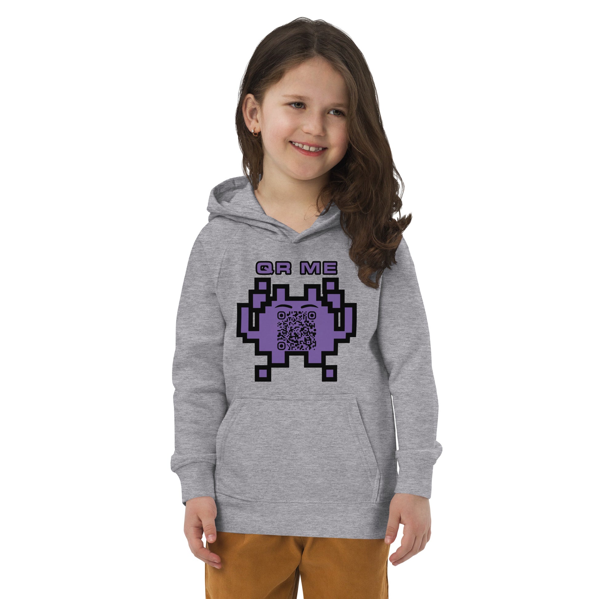 Fun Alien Emoji QR Code Kids eco hoodie-Grey Melange-QR GEAR STORE