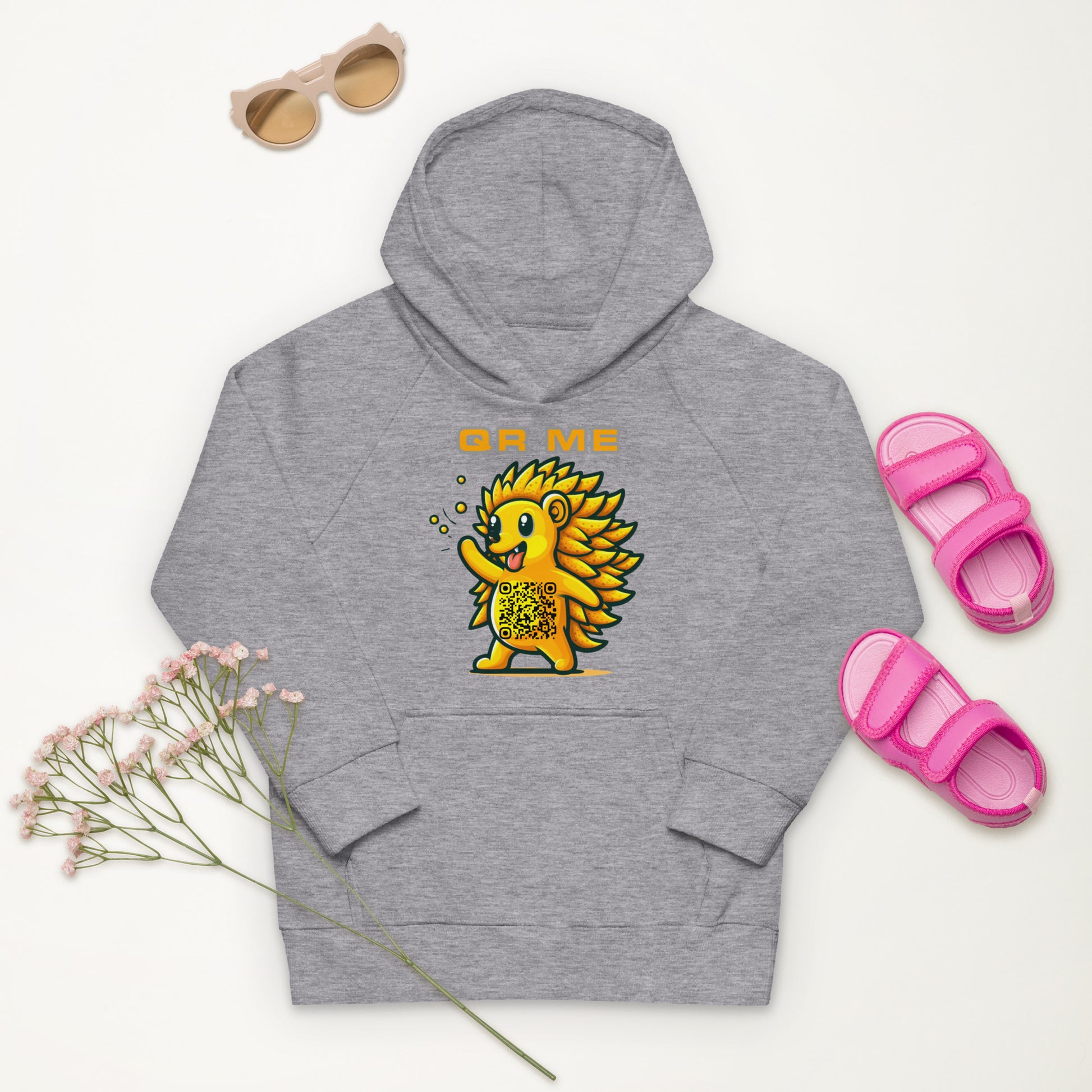 Fun Hedgehog Emoji QR Code Kids eco hoodie-QR GEAR STORE