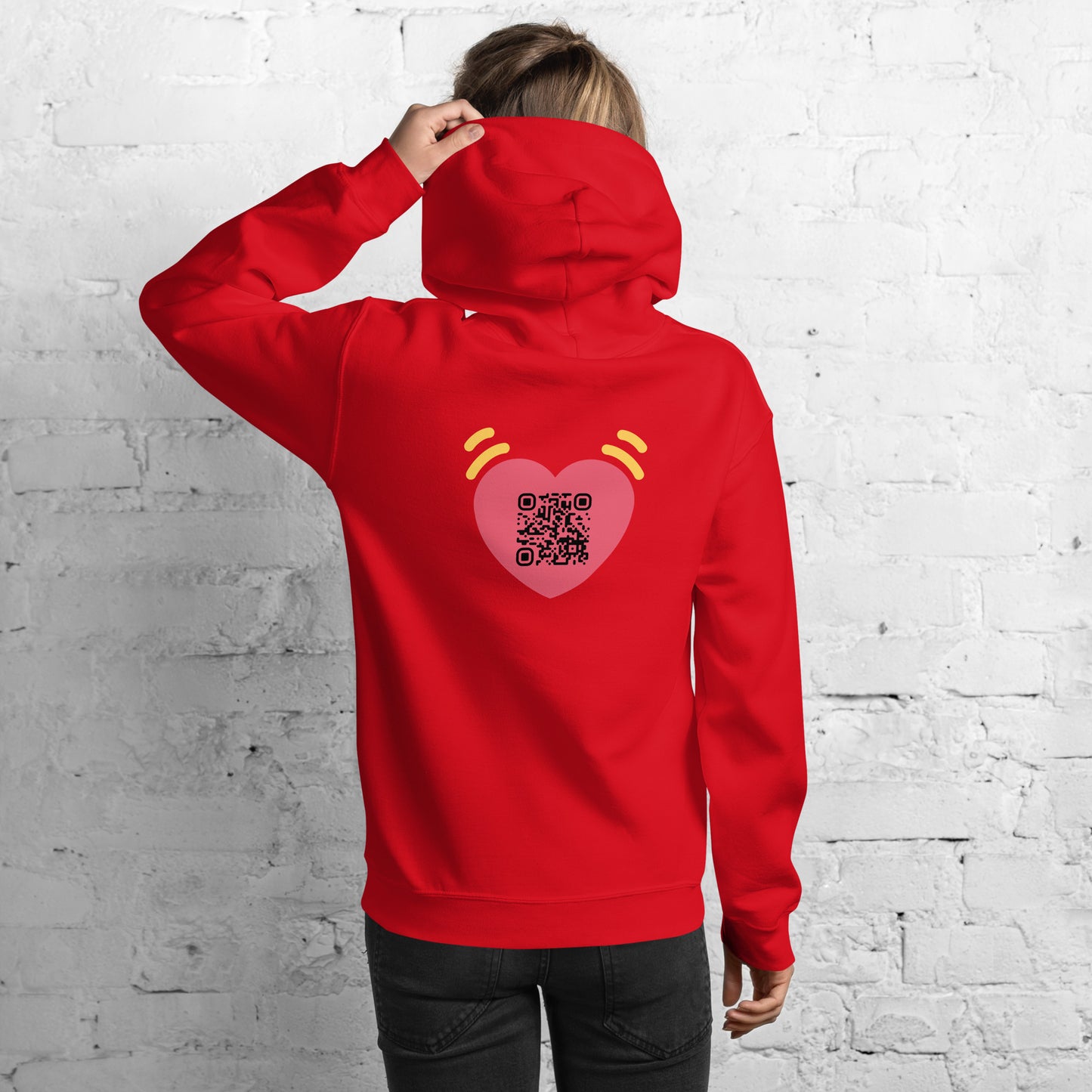 Pink Heart Emoji Personalized QR Code Unisex Hoodie-Red-QR GEAR STORE