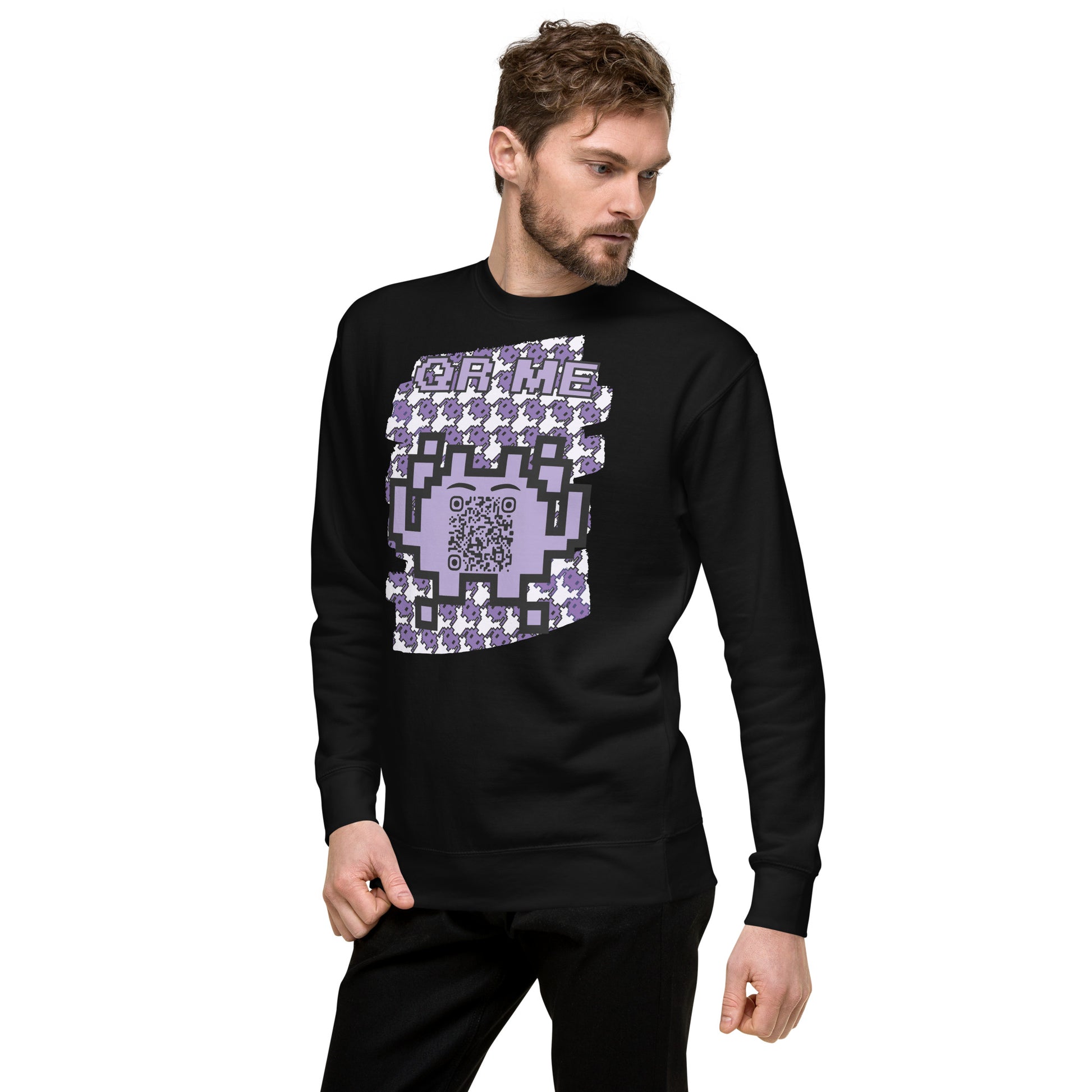 Purple Alien QR Code Sweatshirt – Classic Style for Gamers & Creators