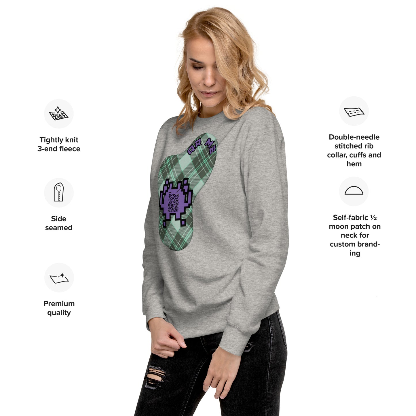 Alien Emoji QR Code Plaid Premium Sweatshirt