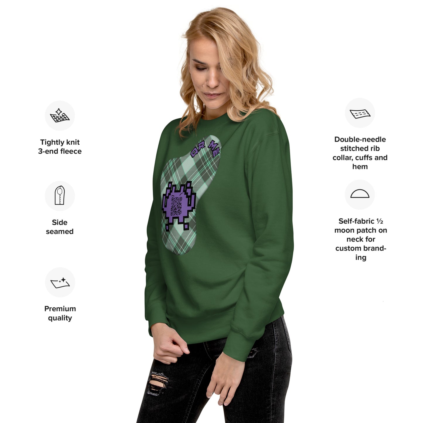 Alien Emoji QR Code Plaid Premium Sweatshirt