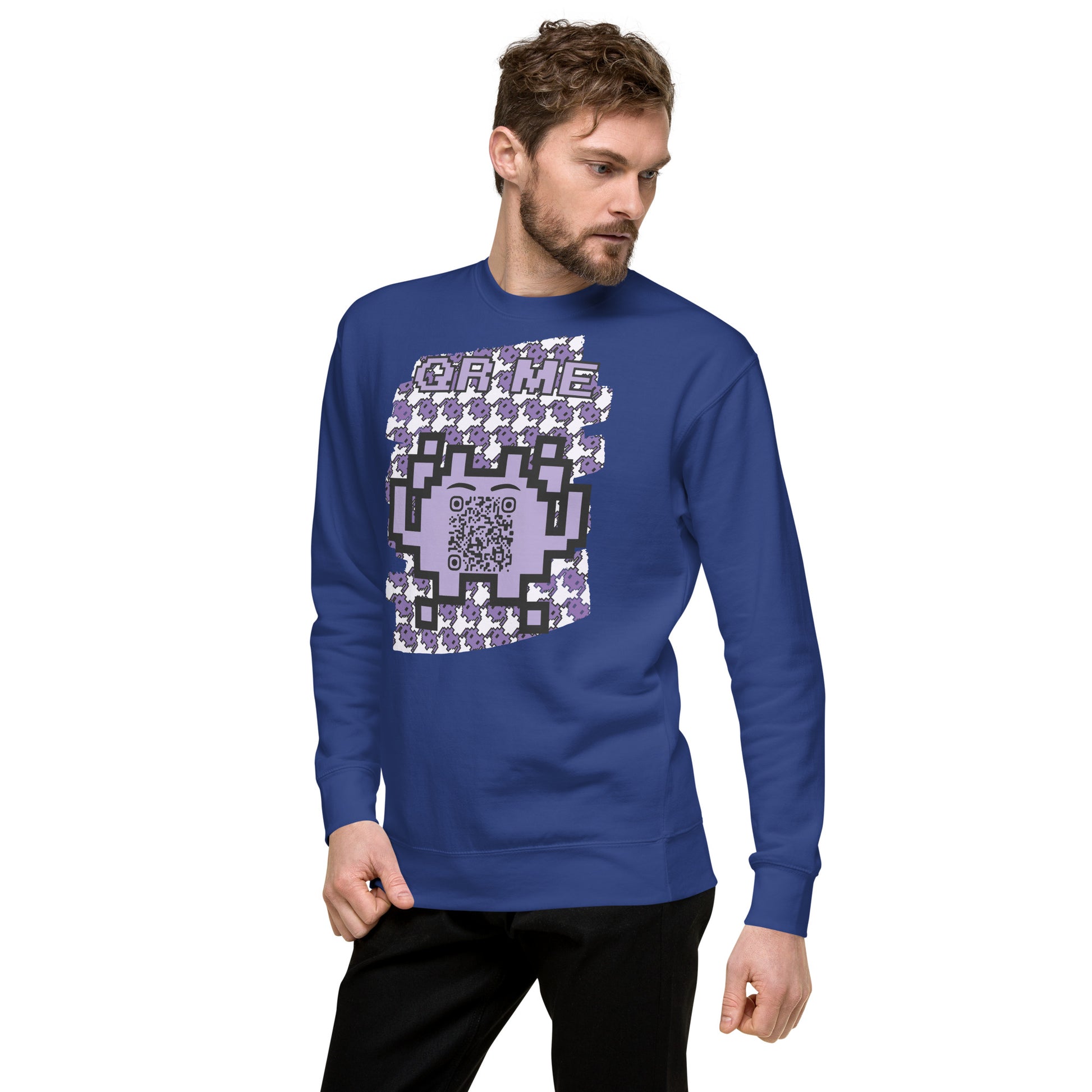 Purple Alien QR Code Sweatshirt – Classic Style for Gamers & Creators