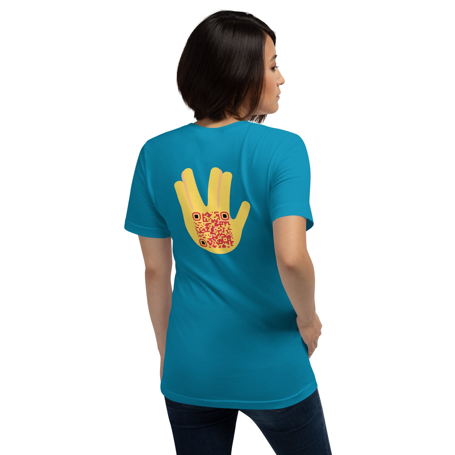 Vulcan Wave Emoji Personalized QR Code Unisex T-Shirt-Aqua-QR GEAR STORE