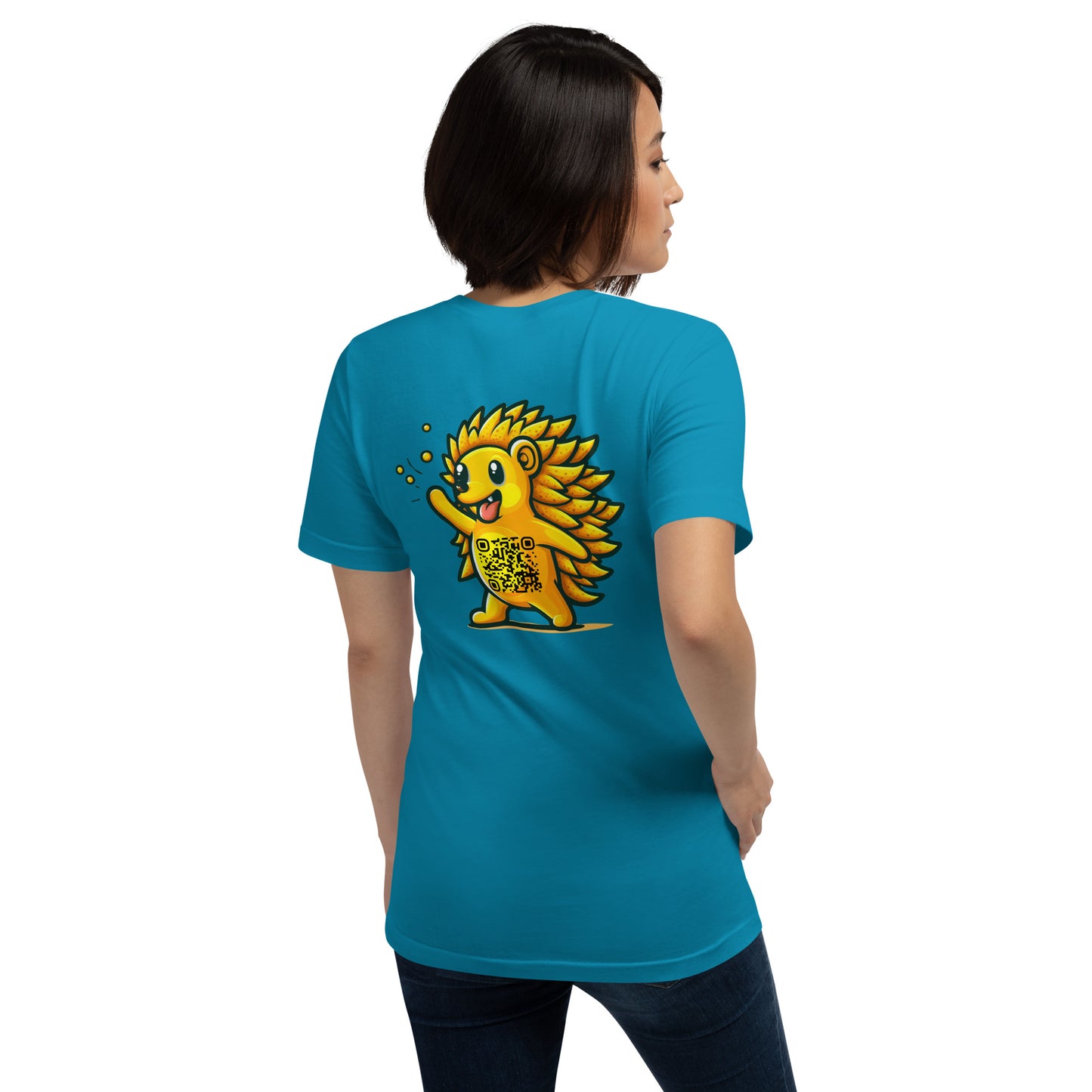 Hedgehog Emoji Personalized QR Code Unisex T-Shirt-Aqua-QR GEAR STORE