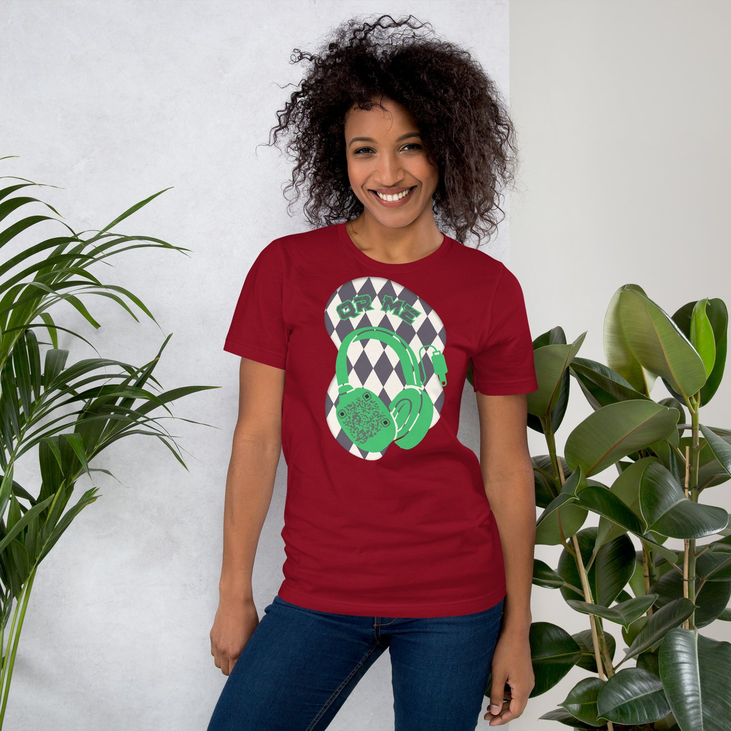 Harlequin QR Code T-Shirt – Share Your Tunes with Flair