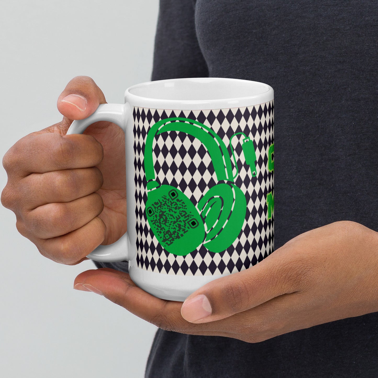 Custom QR Code Mug with Harlequin Print – Share Your Music