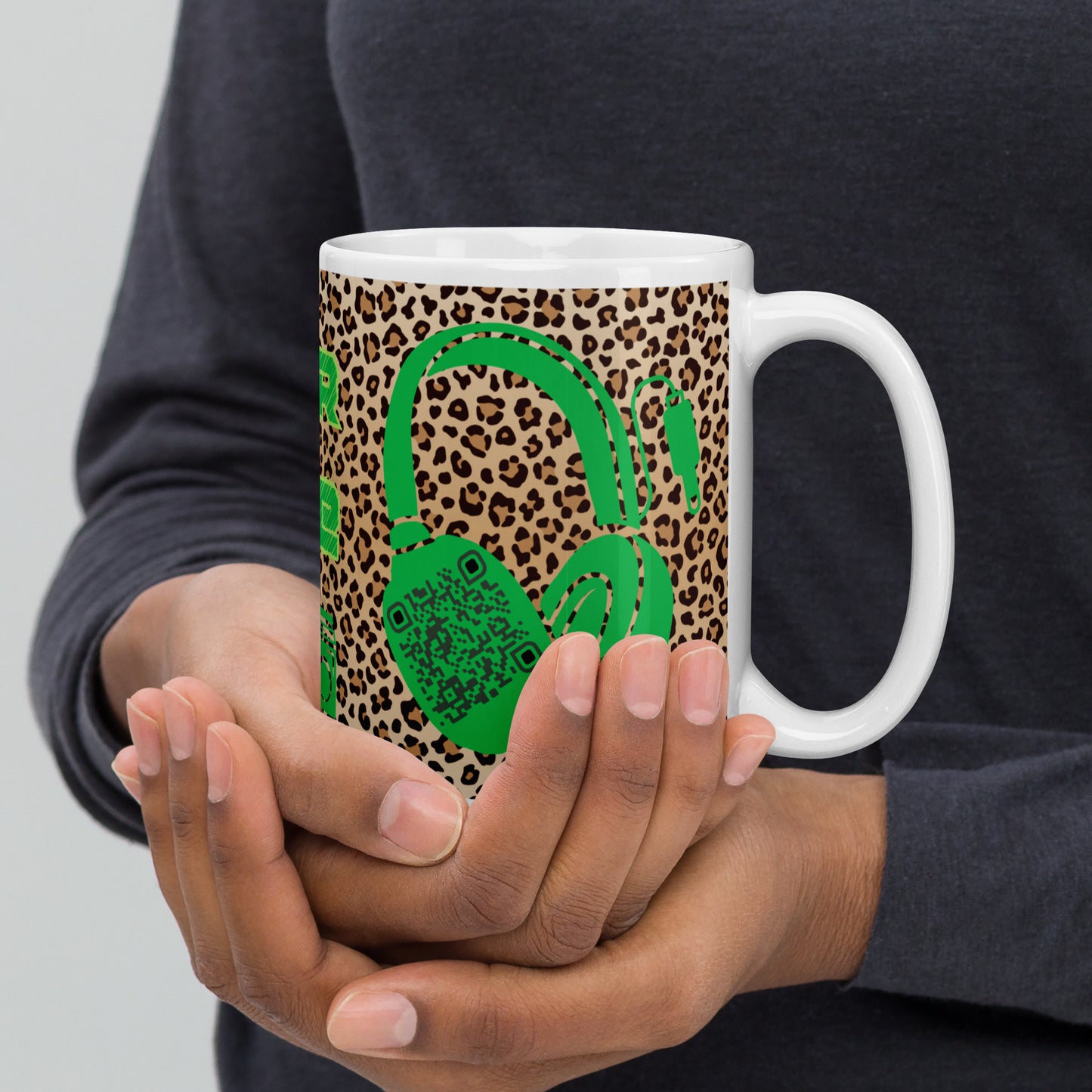 Custom QR Code Mug with Quirky Leopard Print – Share Your Playlist