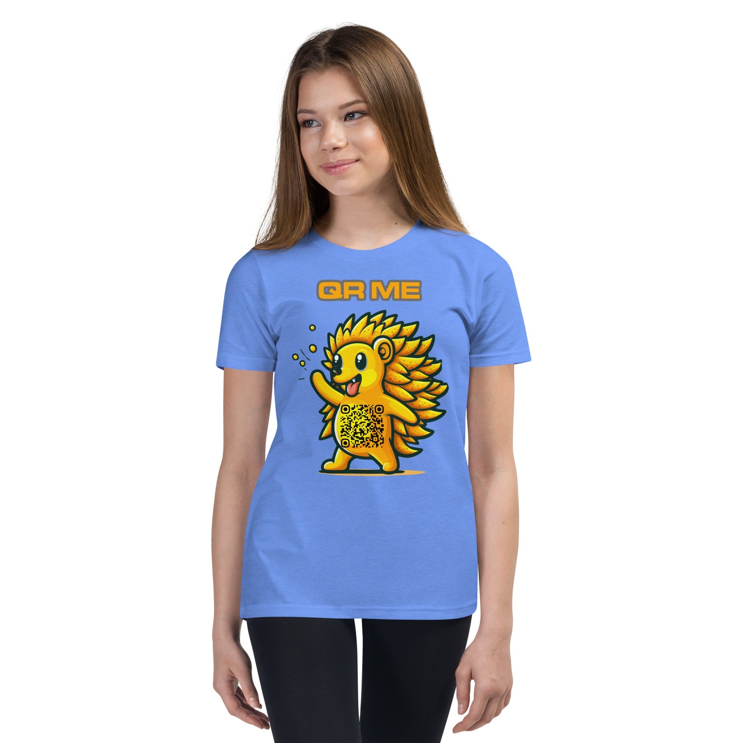 Fun Hedgehog Emoji QR Code Youth Short Sleeve T-Shirt-Heather Columbia Blue-QR GEAR STORE