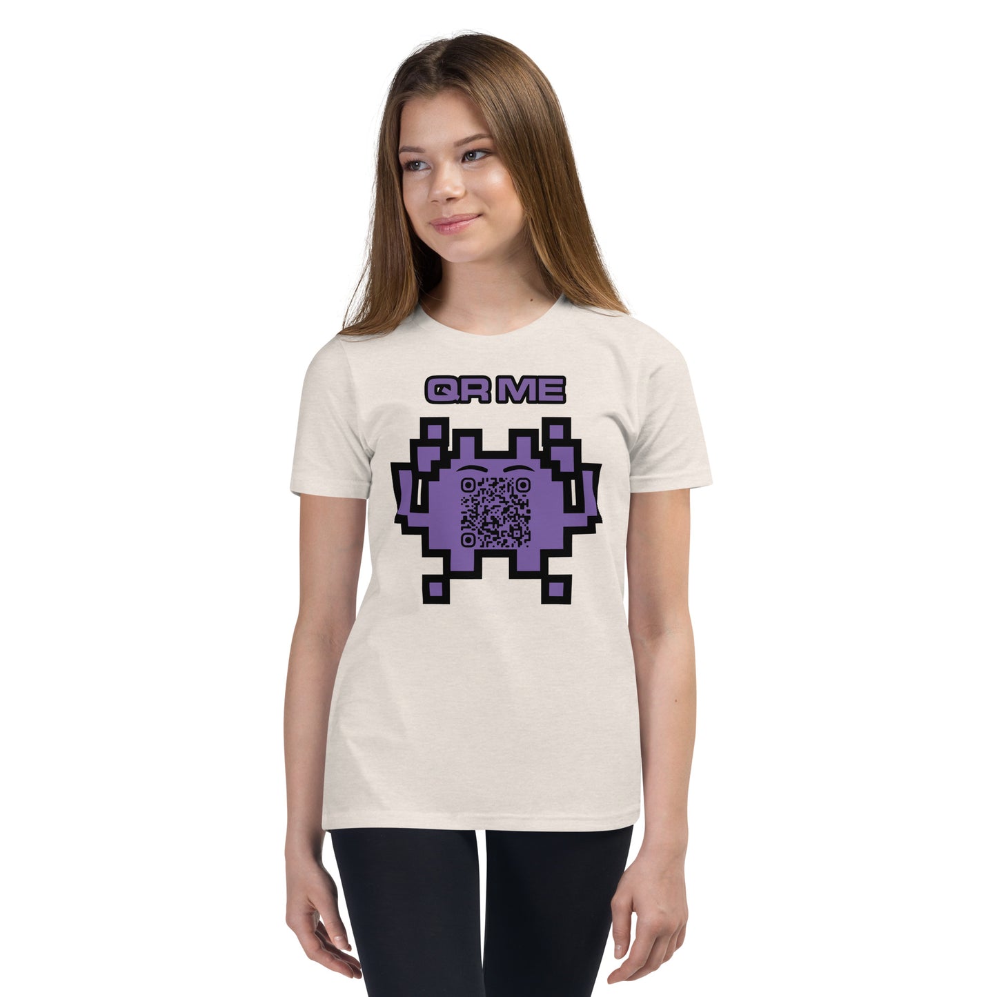 Fun Alien Emoji QR Code Youth Short Sleeve T-Shirt-Heather Dust-QR GEAR STORE