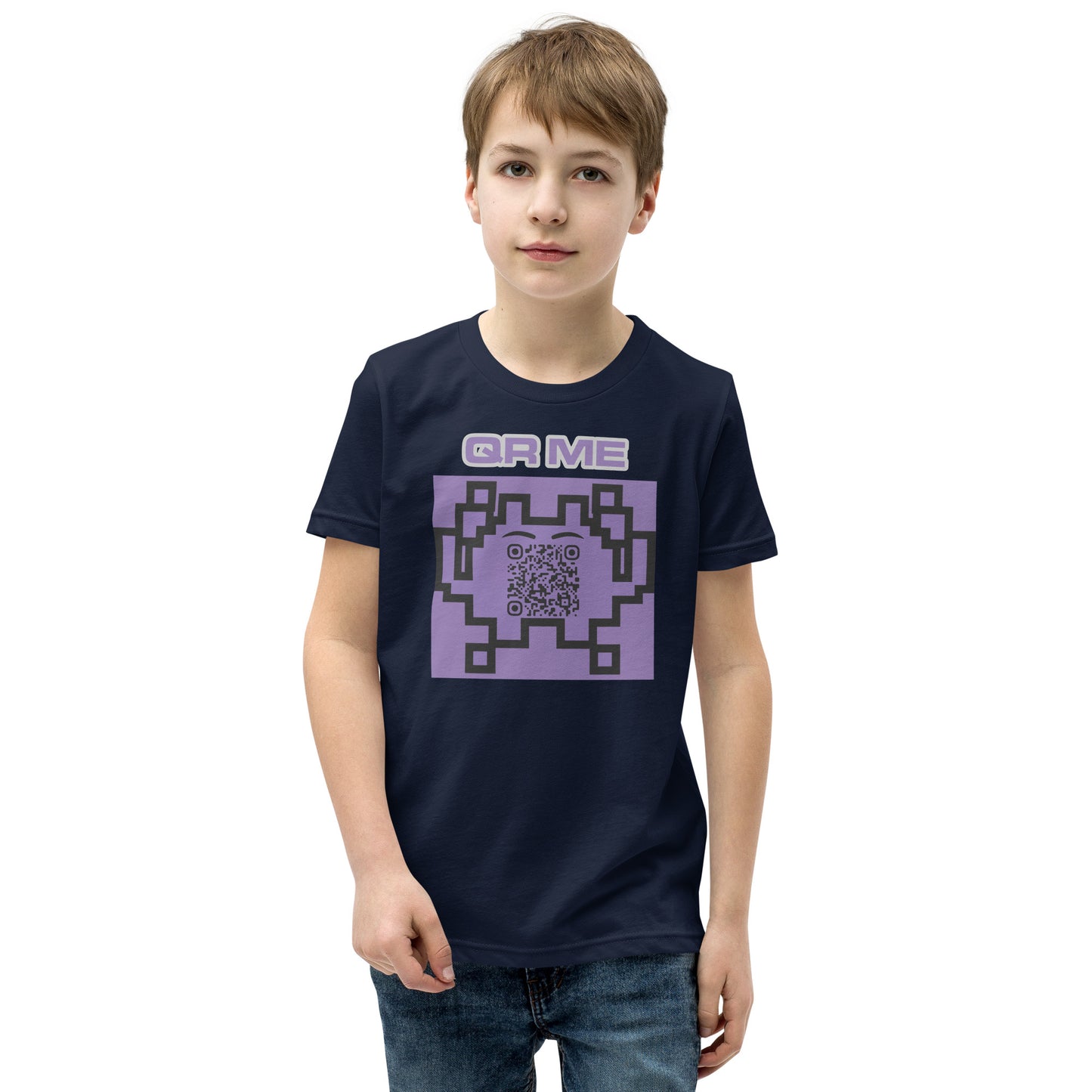 Fun Alien Emoji QR Code Youth Short Sleeve T-Shirt-Navy-QR GEAR STORE